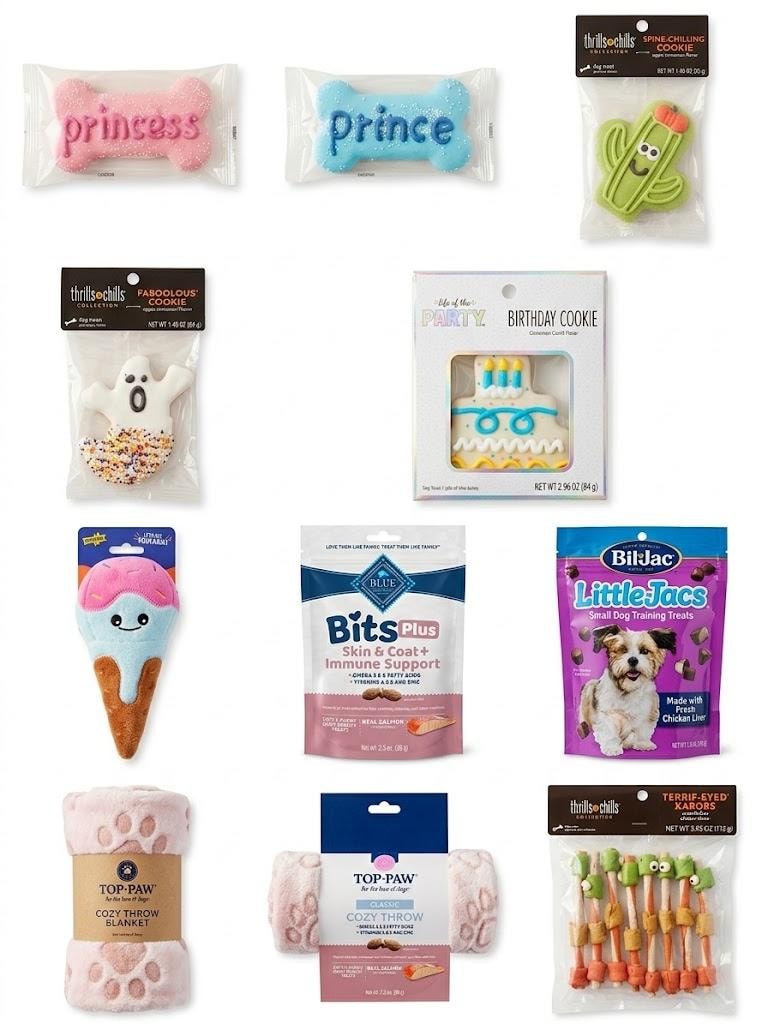 Items inside the Sr. Box — treats, toys, painting kit, and parent gift